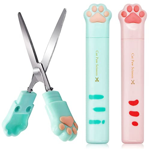 Wieat Lot de 2 mini ciseaux pliants en forme de patte de chat, petits ciseaux pour enfants pour la découpe de papier, le scrapbooking, rose et vert