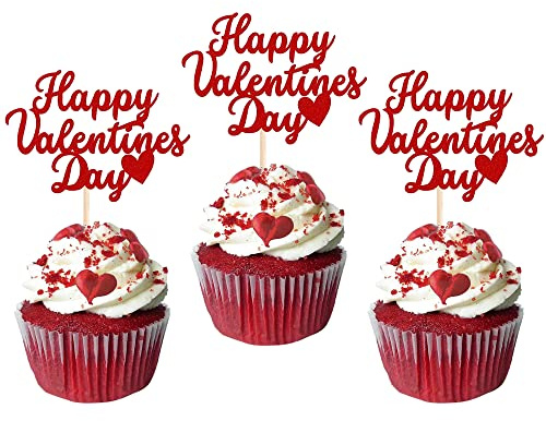 Xsstarmi 24 Pack Happy Valentine's Day Cupcake Toppers Glitter Sweet Love Be Mine Valentines Cupcake Picks Valentine's Day Theme Birthday Party Cake Decorations Supplies Red
