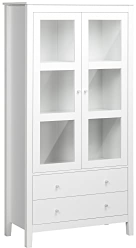 HOMCOM Vitrina de Salón Aparador de Cocina 2 Puertas 80x40x160 cm Blanco | Vidrio Templado, 3 Estantes, 2 Cajones, Bisagras de Cierre Suave, para Comedor Oficina