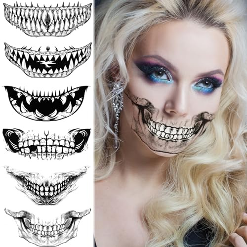 Halloween Tattoo Gesicht Kostüm Damen Schminke Accessoires, Temporäre Tattoos Mund Aufkleber Zombie Skelett Vampir Kostüm Requisiten Cosplay Gesichtstattoo Horror Halloween Deko Party Set 6