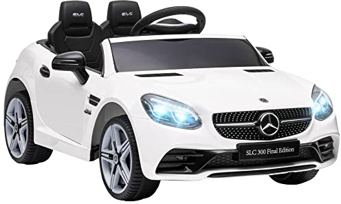 AIYAPLAY Coche Eléctrico para Niños de +3 Años, Mercedes SLC 300, Coche Eléctrico 12V, con Mando a Distancia 2,4 G, Ruedas Traseras con Suspensión, Faros LED, Música, USB, Motor Doble, Blanco