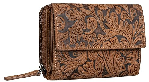 STILORD 'Thea' Damen Geldbeutel Leder RFID Geldbörse Groß Vintage Portemonnaie für Frauen NFC Schutz Ledergeldbörse mit Reißverschluss in Geschenkbox Echtleder, Farbe:Salerno - braun floral