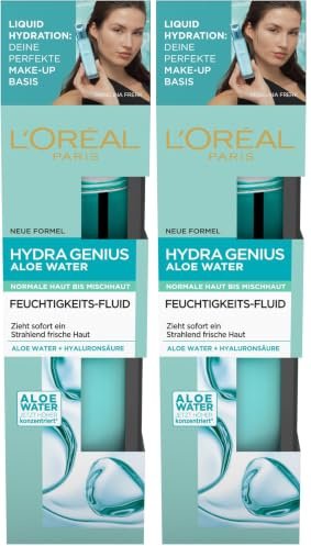L'Oréal Paris Feuchtigkeitsfluid, Hydra Genius Aloe Water, Hydratation und Frische, Für normale Haut bis Mischhaut, Mit Aloe Water und Hyaluronsäure, 70ml (Packung mit 2)