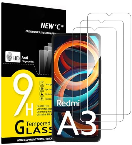 NEW'C 3 Piezas, Protector Pantalla para Xiaomi Redmi A3, Cristal templado Antiarañazos, Antihuellas, Sin Burbujas, Dureza 9H, 0.33 mm Ultra Transparente, Ultra Resistente