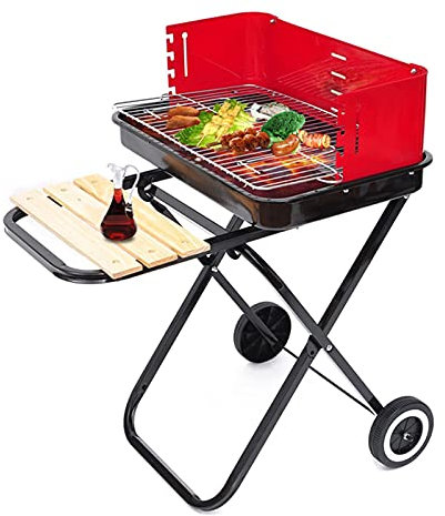 Parrilla plegable, carrito de barbacoa de carbón al aire libre con ruedas, parrilla de carbón con soporte para alimentos al aire libre, jardín, 57 × 64 × 83 cm