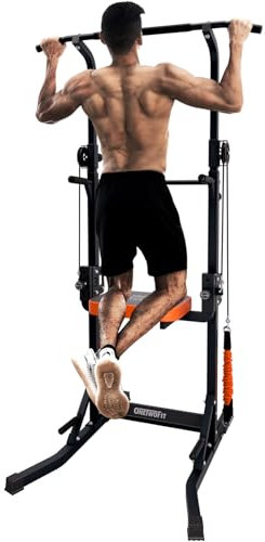 ONETWOFIT Power Tower Plegable Estación de Fondos, Barra de Dominadas para Gimnasio en casa, Altura Regulable Estación de Entrenamiento, Fitness Dip Station Pull-up Max 160 kg (Black-4)