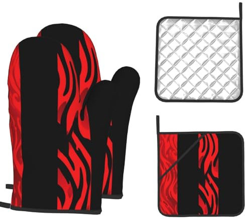 Oven Mitts and Pot Holders 4 pcs Set Heat Resistant Oven Glove Red Leopard and Zebra Animal Potholders Oven Gloves for Cooking Non-Slip Silicone Oven Mittens Hot Pad for Baking BBQ