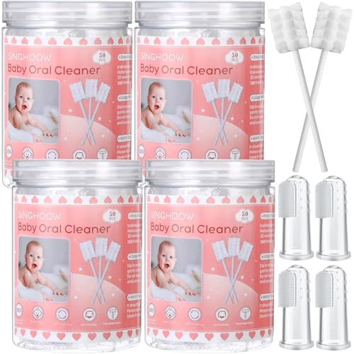 Singhoow 200 Pieces Baby Tongue Cleaner Disposable Infant Oral Cleaner with 4 Pieces Finger Toothbrush Soft Gauze Baby Mouth Newborn for Tooth Mouth Dental Care(Pink)