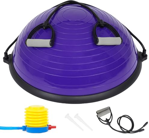 JINPALAY Entrenador de Equilibrio Fitness Ø 58cm, Pelota de Equilibrio Bossu Semiesfera con Inflador y Gomas, Soporta hasta 120kg, Ideal para Gimnasio y Ejercicios de Yoga y Pilates. (Morado)
