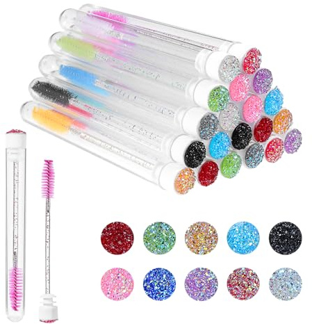 ZEYIYER 20 Pcs Disposable Mascara Wand Set with Tubes, Diamond Eyelash Brushes, Lash Wand Tubes, Makeup Eye Lash Spoolies with Empty Tube for Eyelash Extension, Eyebrow Applicator Supplies