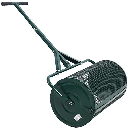 Épandeur de compost, épandeur de mousse de tourbe pour pelouse, épandeur de compost à rouleau de 24 pouces avec poignée réglable en forme de T, épandeur de terreau facile à assembler pour l'entretie