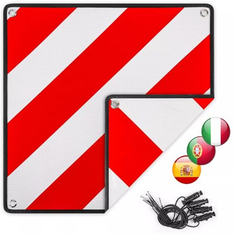 3in1 Warnschild für Italien, Spanien & Portugal - Reflektierendes Warnschild 50x50 cm inkl. 4X Spanngurte - Hochwertig & Zertifiziert für Fahrradträger, Heckträger & Wohnmobil