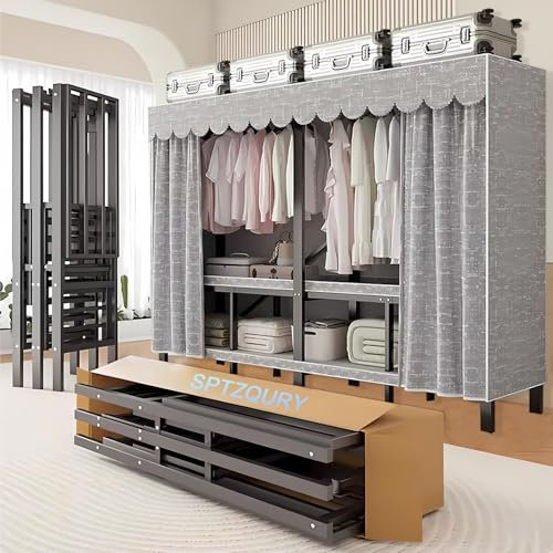 Faltbarer Kleiderschrank, 500 Kg, 242cm Großer Kapazität Stoffkleiderschrank mit 2 Hängenden Schienen, Tragbarer Stoffschrank Kleiderschrank mit Abdeckung für Schlafzimmer (A grey cover, 242cm)