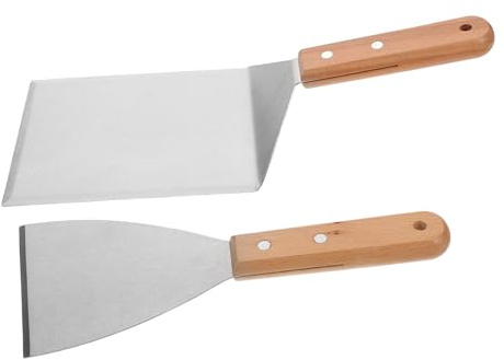 HEMOTON Kit 2pcs Spatules pour Barbecue en Acier Inoxydable Manche en Bois Antidérapant, Design Polyvalent pour Griller et Teppanyaki