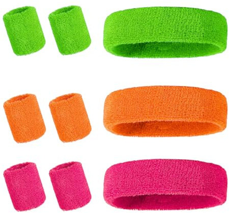 9 Stück 80er 90er Sportstirnband mit Armband Schweißband Set 3 Hell Farben Sport Schweißband Baumwolle Saugfähige Absorbierendes Frottee Schweißband für Yoga Fußball Fitness Tennis Laufen Unisex
