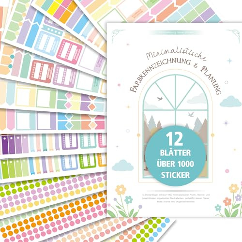 Bullet Journal Sticker Set - 12 Farbcodierte-Aufkleber Bogen zum Beschriften mit über 1000 Sticker- Bullet Journal Zubehör mit vorgefertigten Labels - Für Tagebuch Wochenplaner Tagesplaner To Do Liste