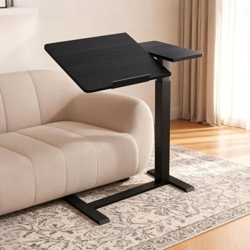 Verstellbarer pneumatischer Betttisch 75–110cm mit Rollen, geteilte Platte, neigbarer Nachttisch, rollbarer Laptop-/Computer-Stehtisch,C-förmig Sofa-/Beistelltisch, Krankenhausbett-Beistelltisch