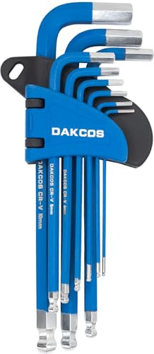 DAKCOS 9 tlg Innensechskantschlüssel Satz mit Kugelkopf Innensechskant Satz Winkelschlüssel Set HX, Metrisch, 1,5 bis 10 mm, CR-V | Mit Stirnlochbohrung für Innen-TORX-Schrauben, CR-V
