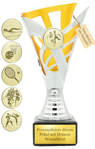 Pokal mit Wunschtext – 19 cm - Silber-Gold – inkl. Gravurschild und Emblem - Trophäe für Sport, Geburtstag, Firma, Schule, Kinderwettbewerb