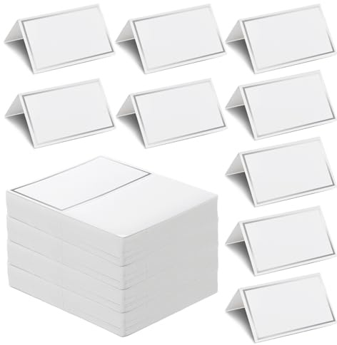 MEIDIV 400 Pcs Table Place Cards Name Cards, Wedding Name Place Cards for Table Setting, Double Sides Table Seating Cards, White Place Card for Table Setting Party Dinner Reception (Silver Trim)