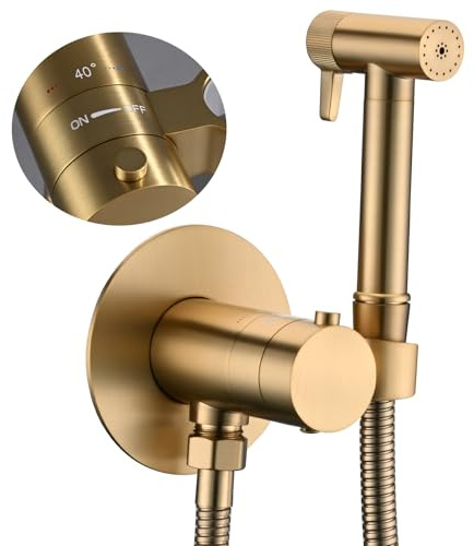 WRKMH Kit Douchette WC Thermostatique, Laiton Douchette Toilette Or Brossé Douchette WC Kit Complet avec Pulvérisateur Double Fonction, 1.2m Tuyau de Douche