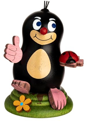 Kuhnert Dekoration/Holzfigur Maulwurf Michel - mit Marienkäfer - handgefertigte kleine Dekofigur - Größe: ca. 6cm - Erzgebirgische Holzkunst - Made in Germany