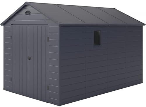 Jôbu Abri de Jardin en Résine Anthracite 8,90m² | Structure Acier Galvanisé | Hauteur 239cm avec Kit de Fondation | Double Porte Verrouillable et Fenêtre
