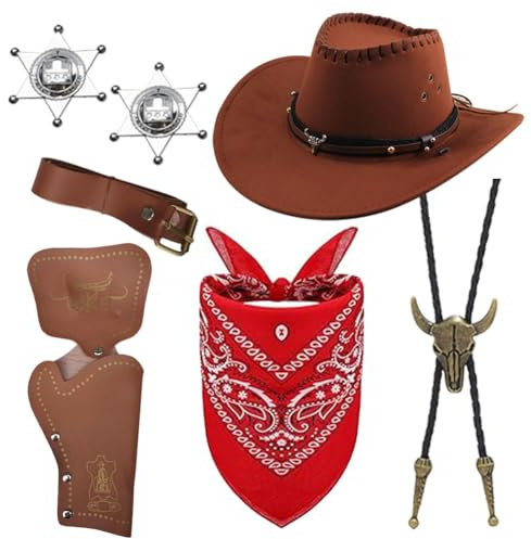 Costume da Cowboy, 7PCS Accessori Costumi da Cowboy con Cappello da Cowboys Bandana Cinture Fondine Collana Distintivo Costumi da Cowboys Occidentale Carnevale Costume Cosplay per Adulti(Marrone)