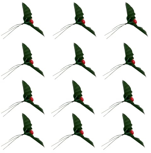 LOORGVEL 50 Steli di Bacche Rosse Artificiali di Agrifoglio da 7 CM con Foglie Verdi Rami di Bacche Finte per Ghirlande Natalizie Fai da Te Decorazioni per Alberi di Natale e