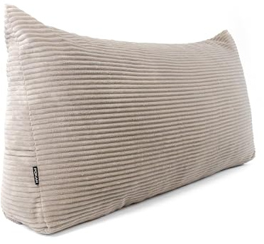 POKAR Rückenkissen | Cord Keilkissen 140x50x20 cm | Lesekissen für Bett und Sofa | Sofakissen für Rückenlehne | Groß Wandkissen Couchkissen mit Seitentaschen | Oeko Tex 100 Zertifiziert | Beige