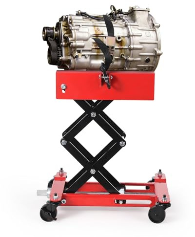 450 LBS Transmission Jack, Heavy-Duty Auto Repair Auto Repair Lifting Jack, Adjustable Low Profile Transmission Jack with Safety Straps & 4 Swivel Wheels, Red