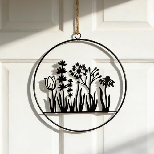 WRQIOO 25cm Türdeko Haustür aus Metall, Hängedeko Fenster Schwarz | Haustr Deko, Metall Türkranz Ganzjährig für Tür Wand Fenster Balkon Innen und Außen(Blumenornament)