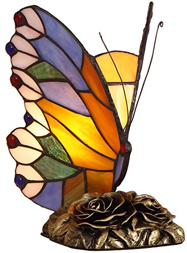 Bieye L31406 Lampada da tavolo decorativa in vetro colorato in stile Tiffany a forma di farfalla, luce notturna per comodino, soggiorno, camera da letto, 8L x 9A