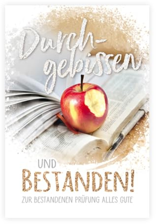 KE - Glitzernde Abschlusskarte, Prüfung bestanden, Schulabschluss Feier, DIN A6 Format inkl. Umschlag - Motiv: Apfel