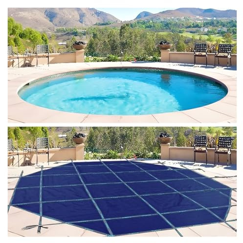 MZZKFC Round Inground Pool Safety Cover, 35 33 30 27 23 20 18 13 10 8 5 3 FT Folding Pool Membrane/Tarpaulin, Swimming Pools Tarps/Pool Winter Leaf Net Covers(Blue Dia,15ft/457cm)