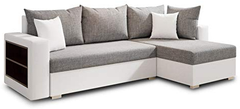 Ecksofa Lord mit Regal und Schlaffunktion - Sofa mit Bettkasten, Schlafsofa, Polsterecke, Couch L-Form, Couchgarnitur, Sofagarnitur (Weiß + Grau (Dolaro 511 + Berlin 01), Ecksofa Rechts)