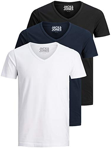 Jack and Jones - Camiseta básica para hombre, cuello de pico, paquete de 3 unidades, color liso, corte ajustado, en blanco, negro, azul y gris