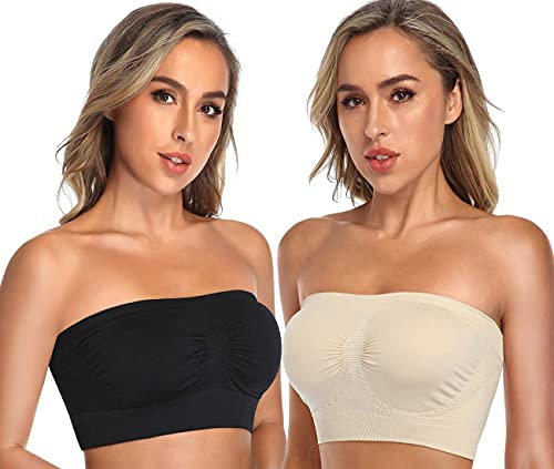 ANGOOL Bandeau Bra Seamless Non Padded Strapless Bra Boobtube Style Stretch Basic Layer Soft Bralette, Black+Beige, XL Fit 38D 42B 42C