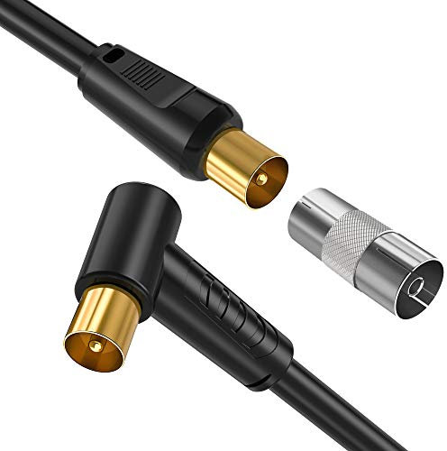 Ancable 1M TV Aerial Coaxial Cable Male to Male Black, Right Angle Satellite Cable RF TV Antenna Coax Gold Plated Connector Flylead for Sky/SkyHD, Virgin, BT,TV, VCR or DVD players with Coupler