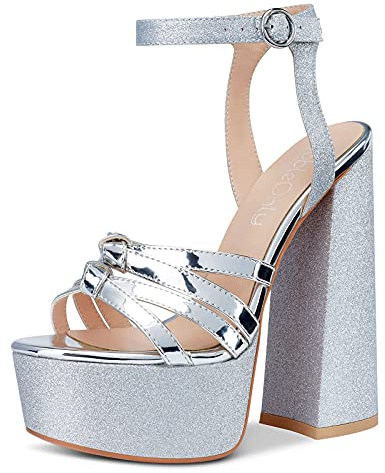 NobleOnly Donna Sandali Plateau Tacco a Blocco 15CM Platform High Heels Argento Glitter Scarpe EU 38