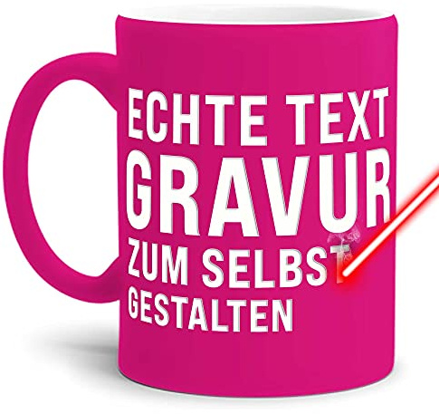 Neon Tasse mit Gravur selbst gestalten - mit eigenem Wunschtext oder Wunschname gravieren - Hochwertige Keramiktasse matte Oberfläche in Neon-Pink, 300 ml | Personalisiert