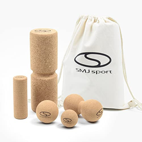 SMJ Faszienrolle Set aus Kork | 6-teiliges Set inkl. Turnbeutel aus Stoff | Massagerolle, Faszienball, Peanut-Doppelkugel | Hergestellt aus Korkmaterial | Faszienrolle mit Aussparung für Wirbelsäule