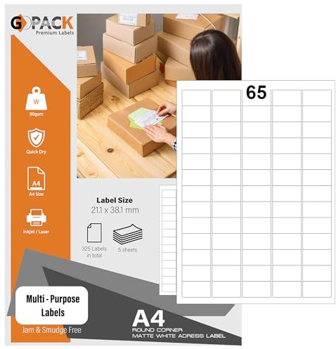 Adressetiketter självhäftande postetiketter för porto, bläckstråleskrivare och laserskrivare, A4 klisterark (5 ark, 65 etiketter per ark)