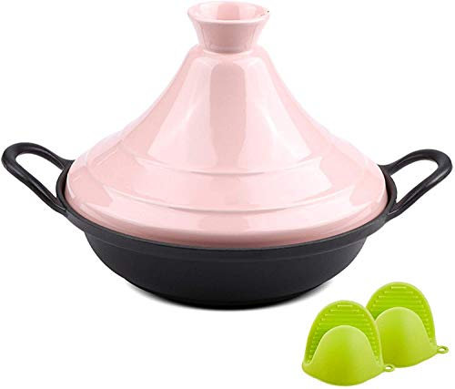MXXHFC Olla de Cocina, cazuela de Hierro Fundido esmaltado con Guantes de Silicona, tajine Cocina, Olla Antiadherente de Hierro Fundido (Color: Rojo) (Rosa)