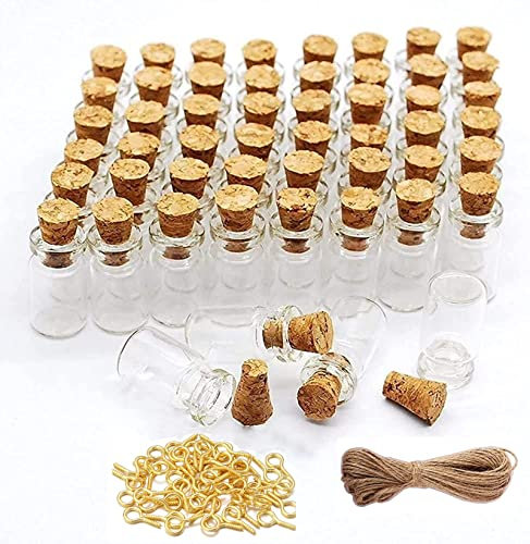 Minsily 100 mini piccole bottiglie di vetro da 0,5 ml con tappo in sughero, spago da 20 metri, mini flaconcini in vetro trasparente con viti a occhiello, bottiglie con tappo a tappo, fai da te,