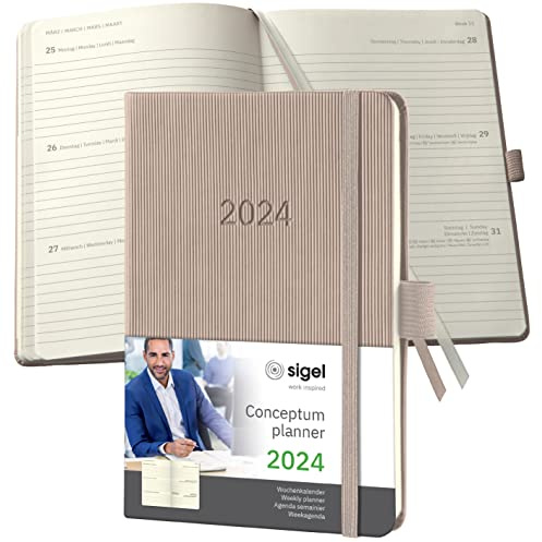 SIGEL C2461 Terminplaner Wochenkalender 2024, ca. A6, taupe, Hardcover, 176 Seiten, Gummiband, Stiftschlaufe, Archivtasche, PEFC-zertifiziert, Conceptum