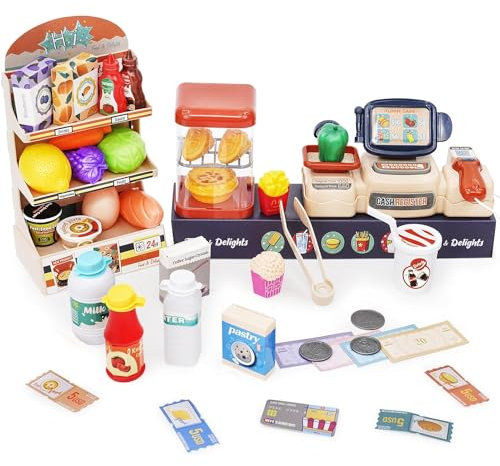 Sobebear 42PCS Toy Cash Register, Kids Toy Till with Scanner, Play Money, Coins & Groceries, Lights and Sound Role Play Shop Se, Educational Pretend Play Gift for Boys and Girls Age 3+ Years