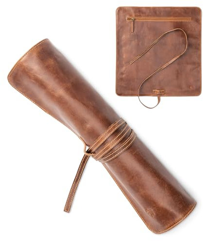Angus Stoke Borsa Portacoltelli in Pelle per Cuochi | Rotolo Premium di Coltelli da Cucina | Tasca con Scomparto Extra e Chiusura Lampo | Borsa Nils, Mogano