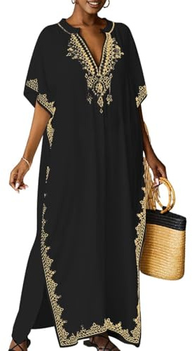 Bsubseach Kaftan Abiti per Le Donne Costume da Bagno Coverup Plus Size Strand Kaftan Cover ups per Costumi da Bagno Ricamo Nero