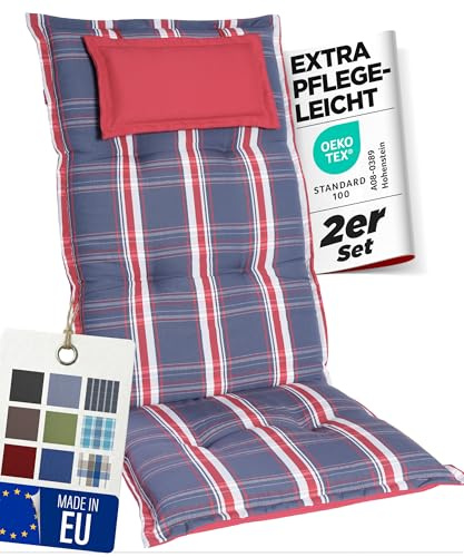 gardisun Gartenstuhlauflagen Hochlehner mit Kopfteil, 2er Set | Grau-Rot-Kariert, Extra Dicke Sitzauflagen, Made in Europe, Polsterauflagen für Hochlehner, Auflagen mit extra hohem Komfort